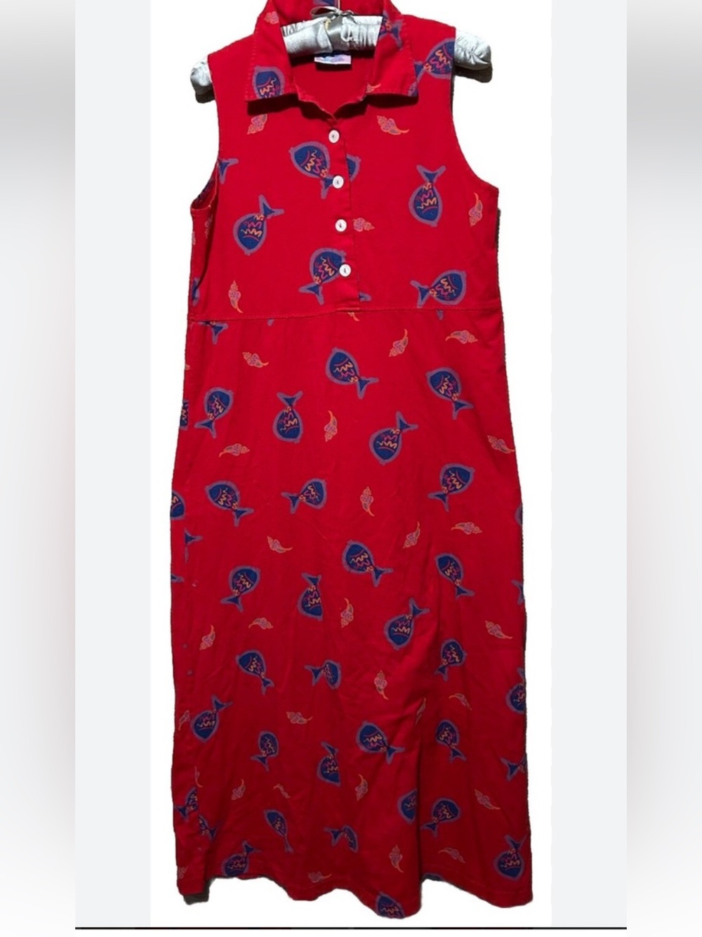 Vintage Red Sleeveless cotton Polo Dress with Fish Print L